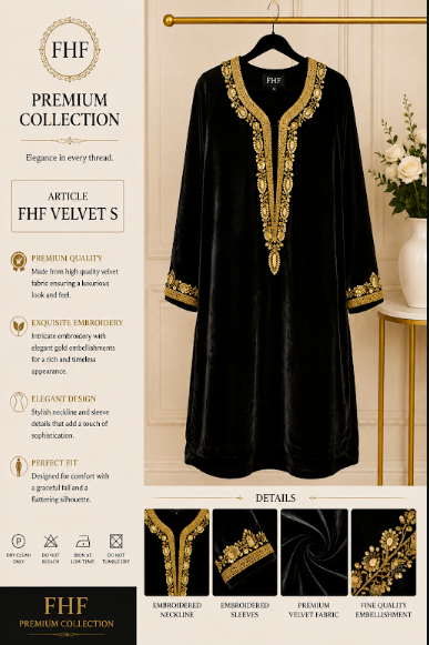 FHF Premium Black Velvet Embroidered Dress for Women – Luxury Gold Embroidery Formal Wear
