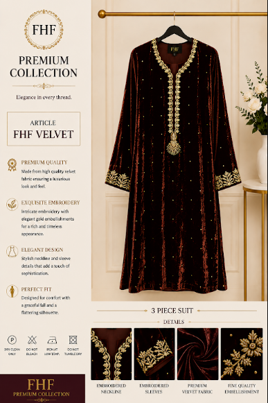 FHF Premium Black Velvet Embroidered 3 Piece Suit for Women – Luxury Formal Dress