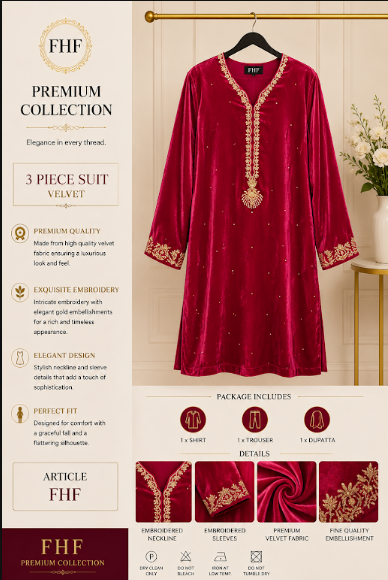 FHF Premium Fuchsia Pink Velvet Embroidered 3 Piece Suit for Women – Luxury Formal Wear