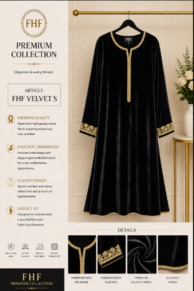 FHF Premium Black Velvet Dress for Women with Gold Embroidery – Elegant Formal Wear