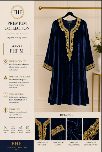FHF Premium Navy Blue Velvet Embroidered Dress for Women – Luxury Gold Formal Wear