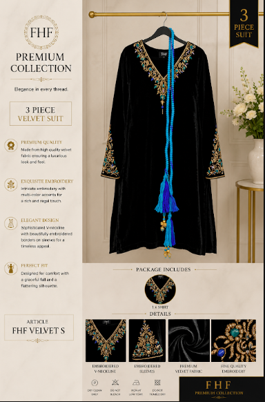 FHF Premium Black Velvet Embroidered 3 Piece Suit for Women – Turquoise & Gold Formal Wear