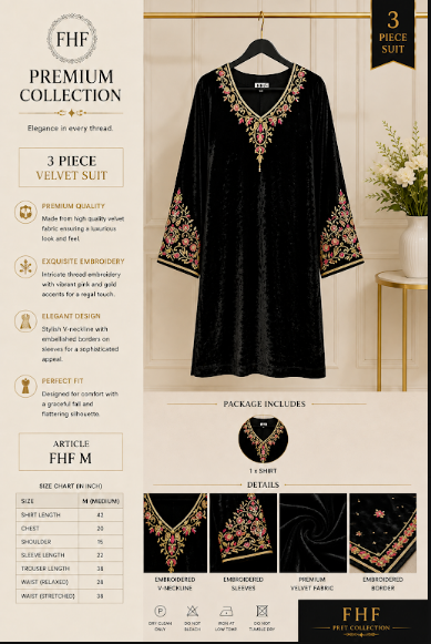 FHF Premium Black Velvet Embroidered 3 Piece Suit for Women – Multicolor Floral Formal Wear