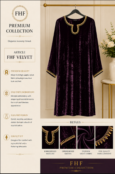 FHF Premium Deep Purple Velvet Embroidered Dress for Women – Elegant Gold Formal Wear
