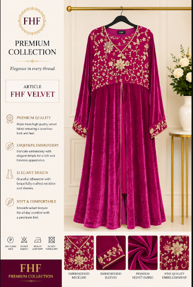 FHF Premium Fuchsia Velvet Embroidered Maxi Dress for Women – Luxury Formal Wear