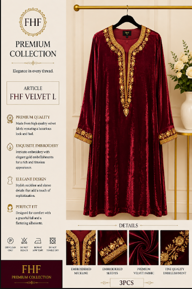 FHF Premium Maroon Velvet Embroidered 3 Piece Dress for Women – Luxury Formal Wear