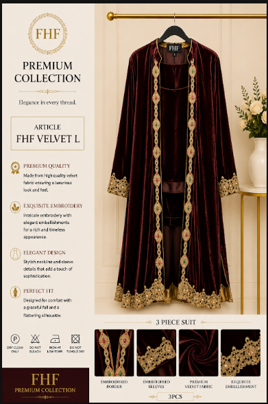 FHF Premium Chocolate Brown Velvet Embroidered 3 Piece Suit for Women – Luxury Formal Wear