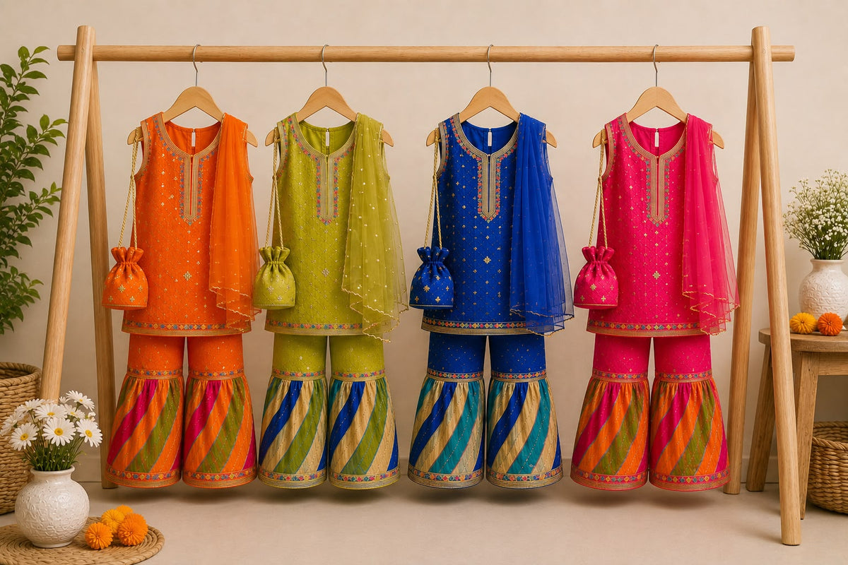 Girls Traditional Gharara 3 Piece Suit with Dupatta & Potli Bag – Festive Kids Wear