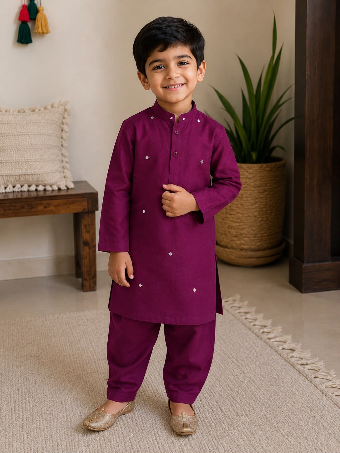 Boys Plum Purple Kurta Pajama Set with Embroidered Motifs – Pakistani Kids Festive Wear