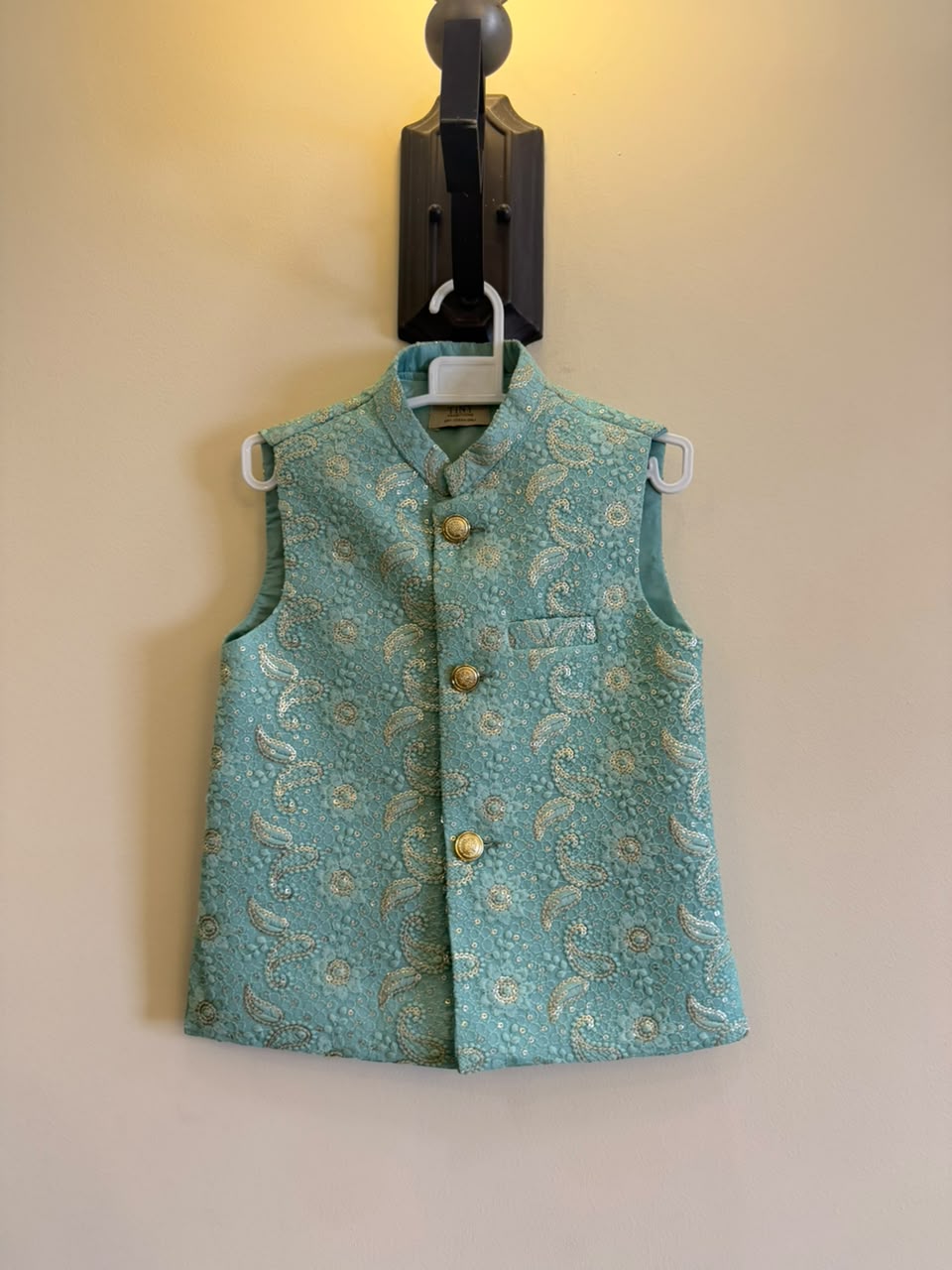 Girls Aqua Blue Embroidered Waistcoat – Traditional Pakistani Kids Festive Wear