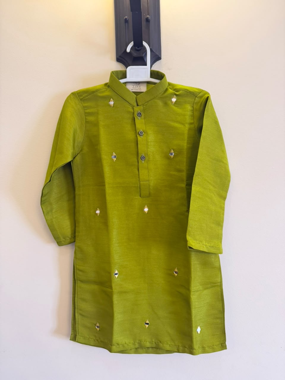 Girls Mehndi Green Embellished Kurta – Traditional Pakistani Kids Festive Wear