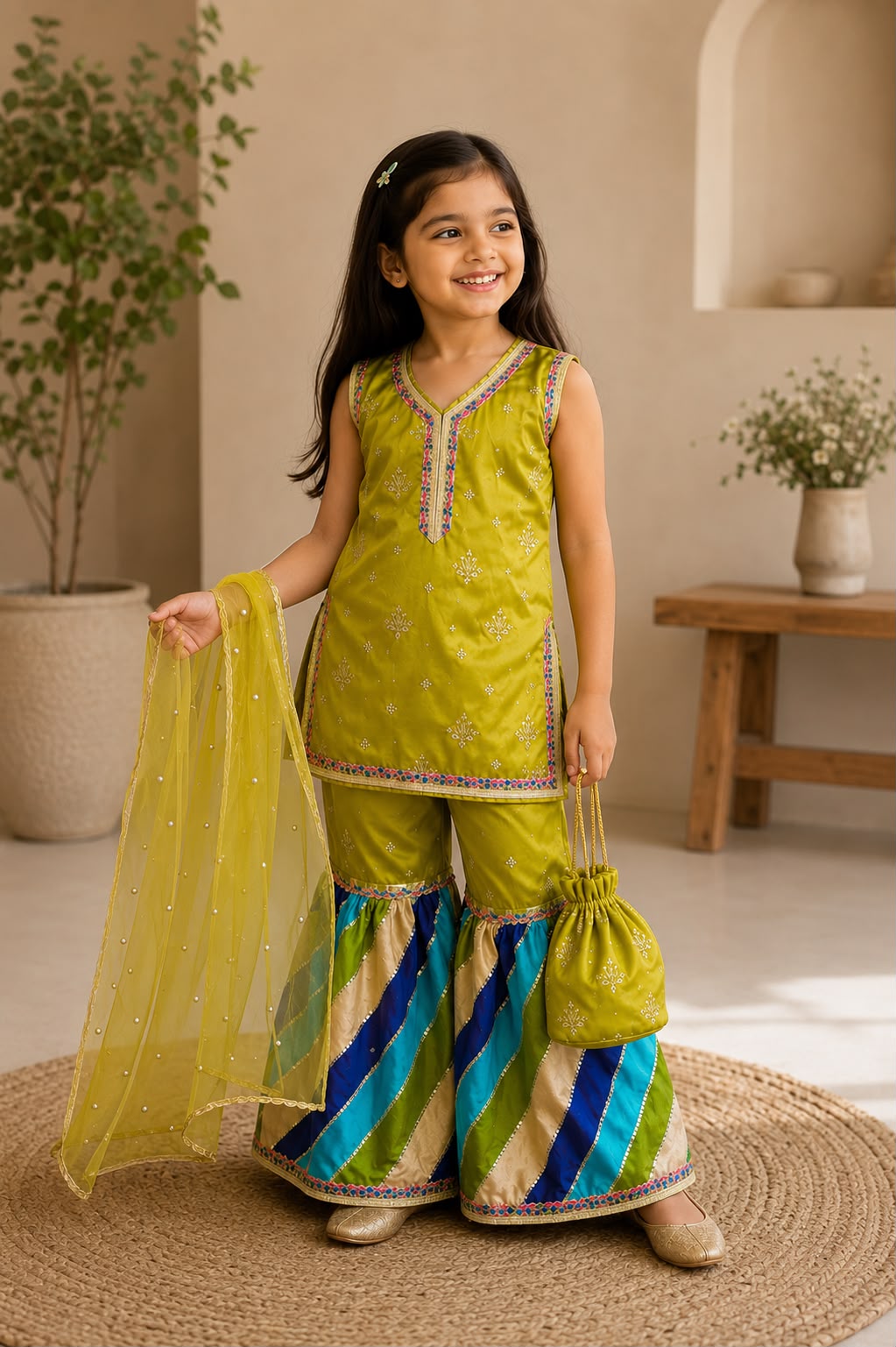 Girls Mehndi Green Gharara 3 Piece Suit with Dupatta & Potli Bag – Traditional Festive Wear