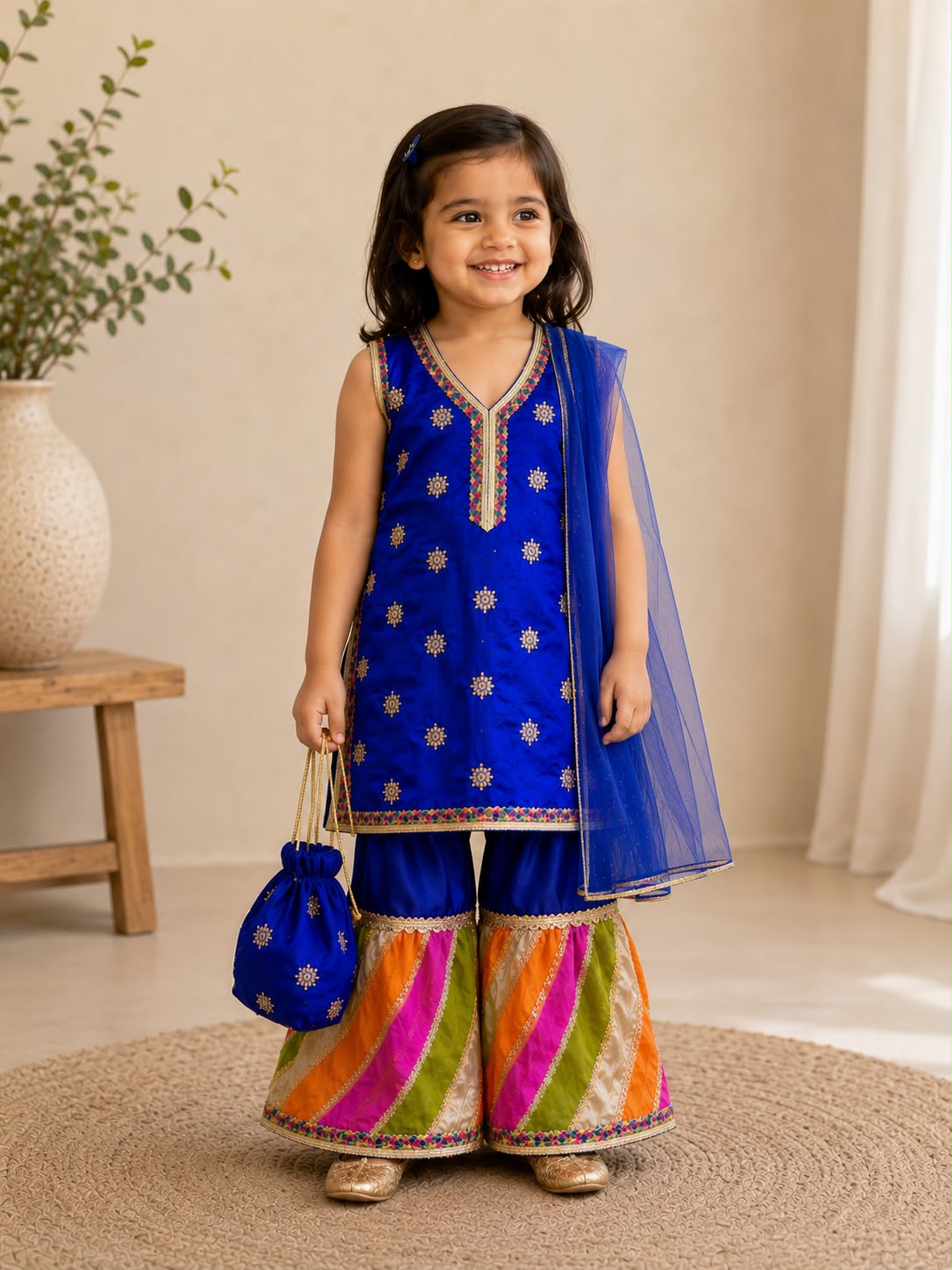 Girls Royal Blue Gharara 3 Piece Suit with Dupatta & Potli Bag – Traditional Festive Wear