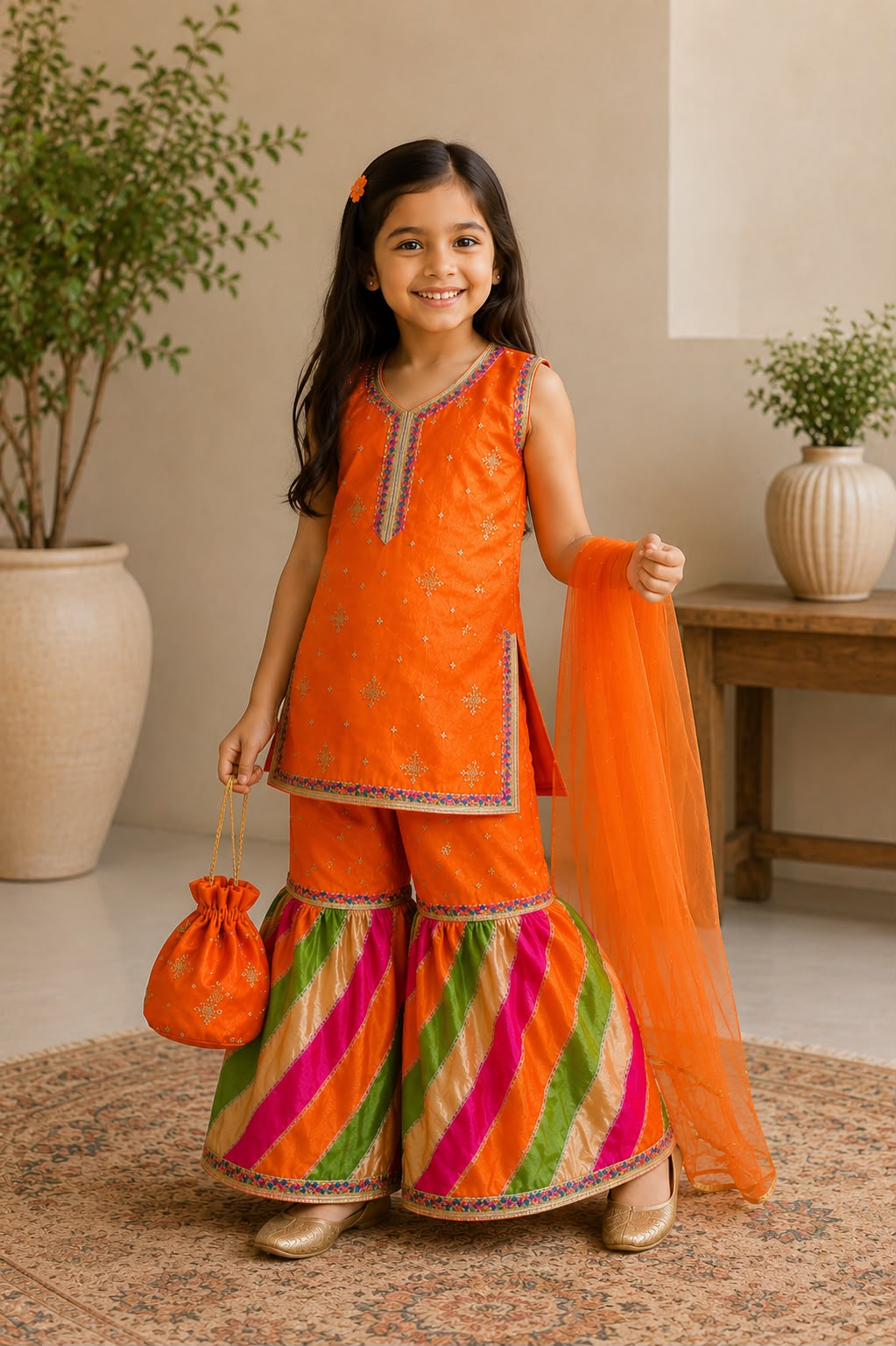 Girls Orange Gharara 3 Piece Suit with Dupatta & Potli Bag – Traditional Pakistani Festive Wear