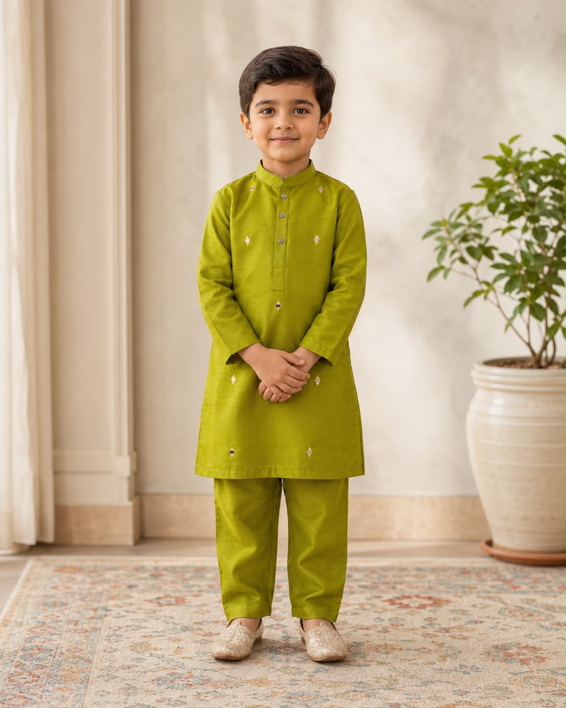 Boys Mehndi Green Kurta Pajama Set – Traditional Pakistani Kids Festive Wear