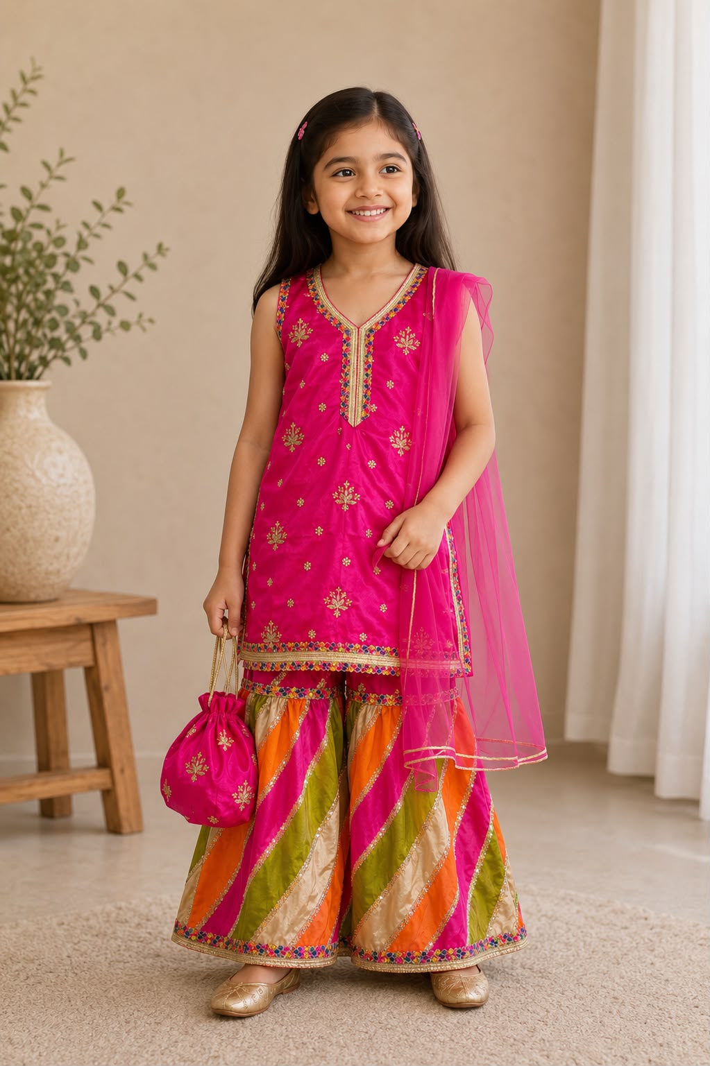 Girls Hot Pink Gharara 3 Piece Suit with Dupatta & Potli Bag – Pakistani Festive Wear
