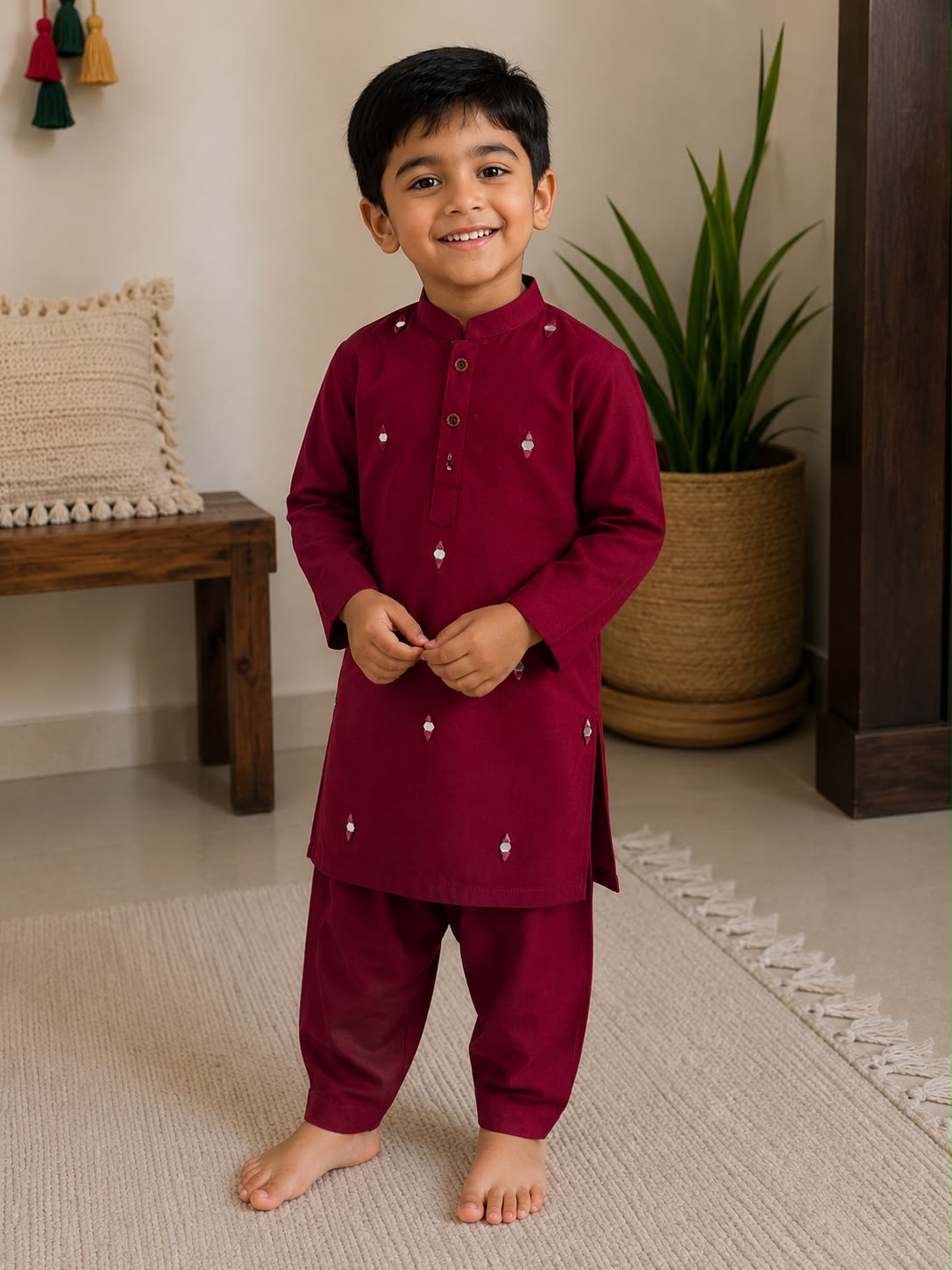 Boys Maroon Kurta Pajama Set with Embroidered Motifs – Traditional Pakistani Kids Wear
