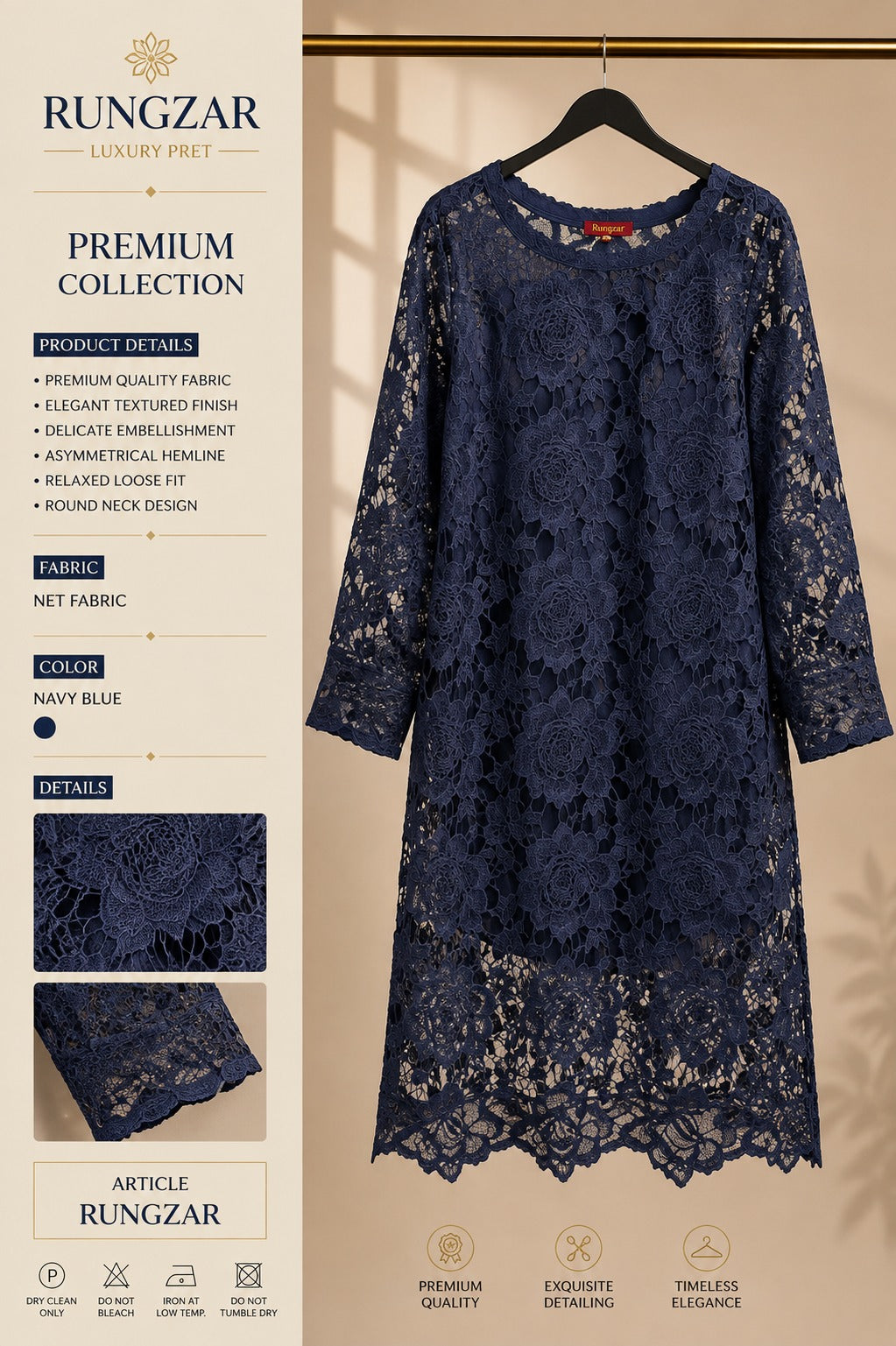 Ruṅgzar Navy Blue Premium Floral Lace Tunic