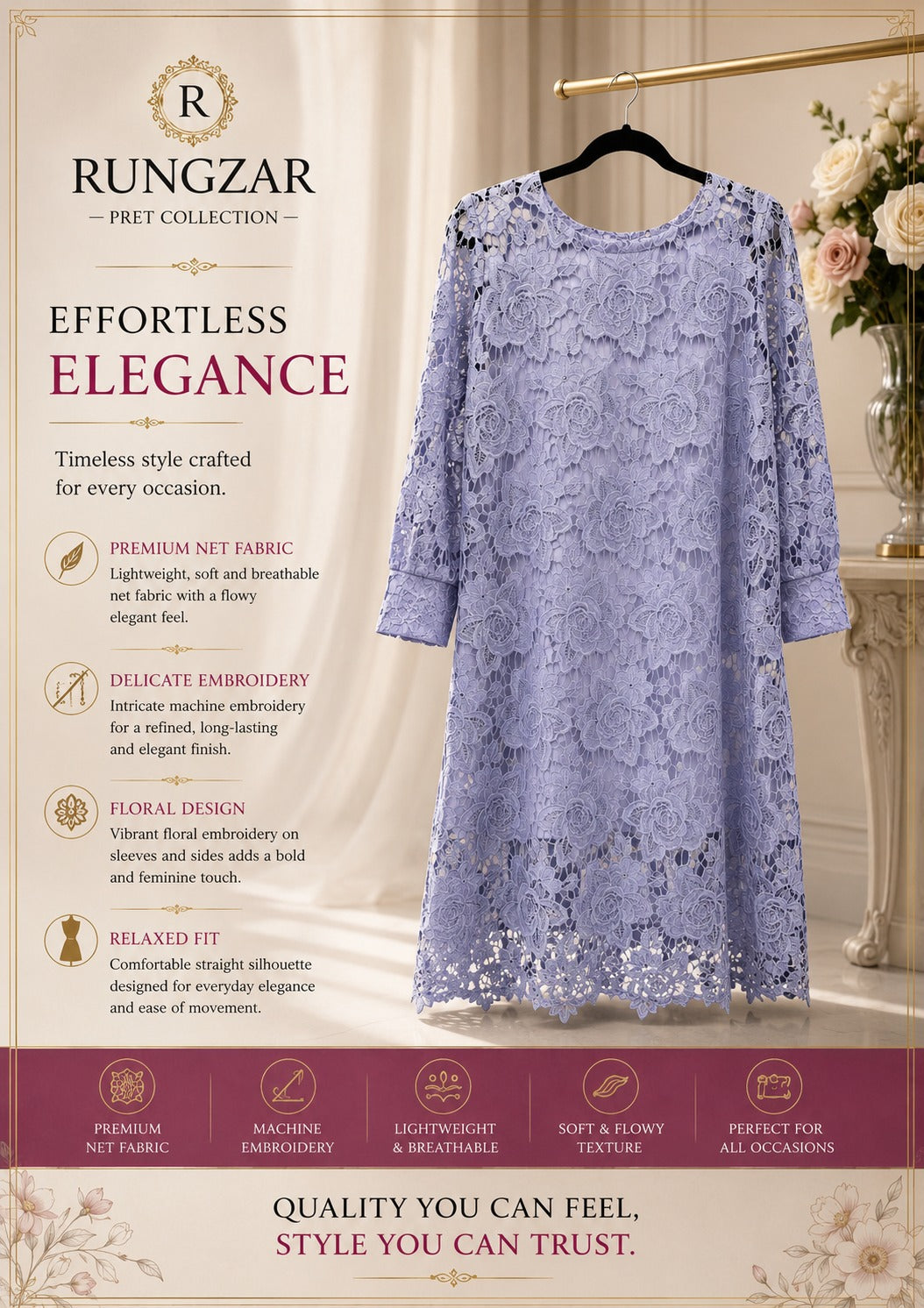 Ruṅgzar Lavender Floral Lace Tunic