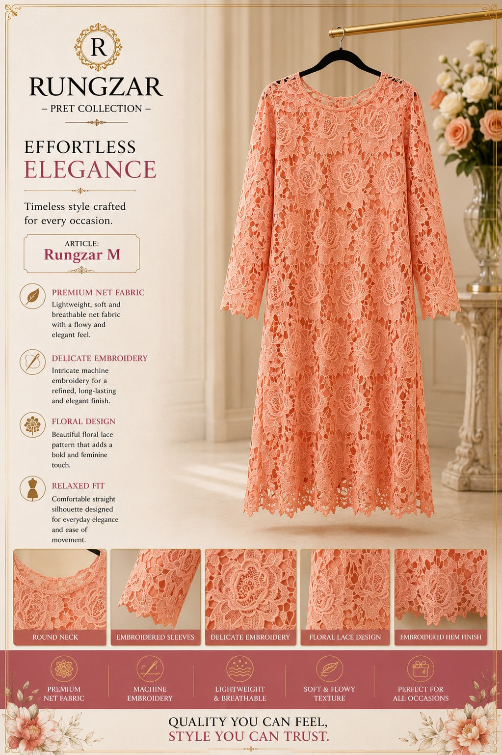 Ruṅgzar Coral Peach Floral Lace Tunic