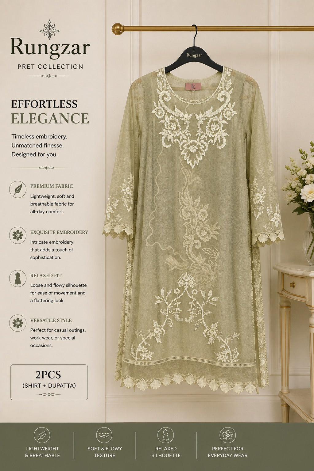Rungzar Ivory Sage Embroidered 2-Piece Pret Suit