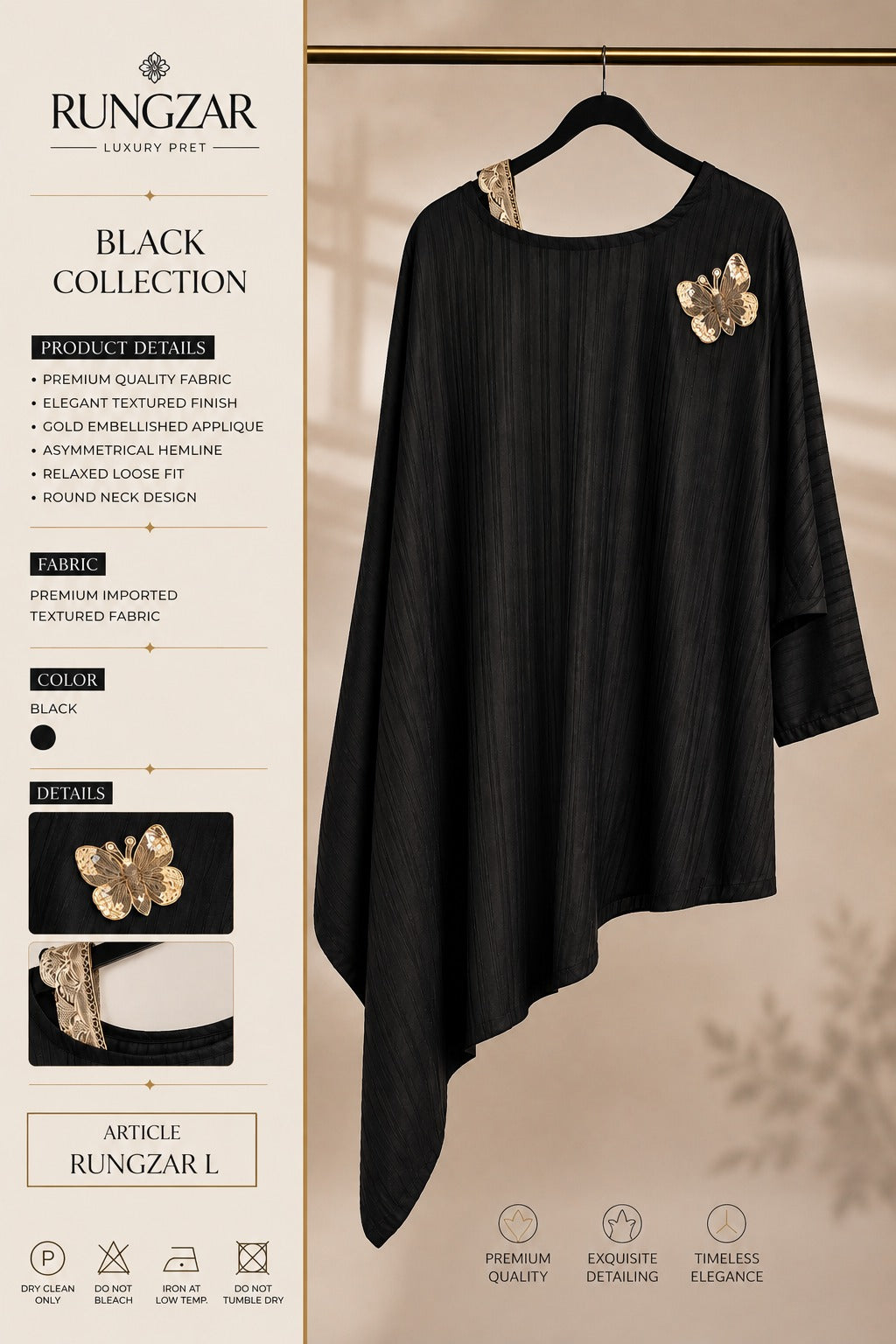 Rungzar Black Luxe Asymmetric Textured Tunic