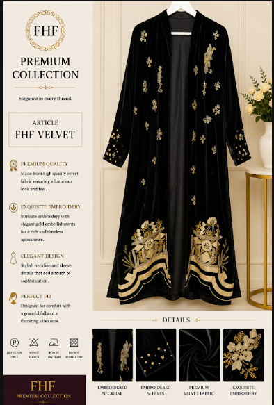 FHF Premium Black Velvet Embroidered Open Abaya for Women – Luxury Gold Embroidery
