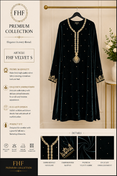 FHF Premium Black Velvet Embroidered Dress for Women – Gold Embellished Formal Wear